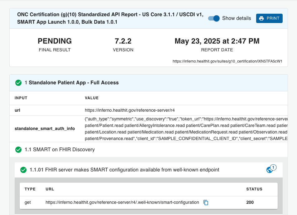Screenshot of test report details view