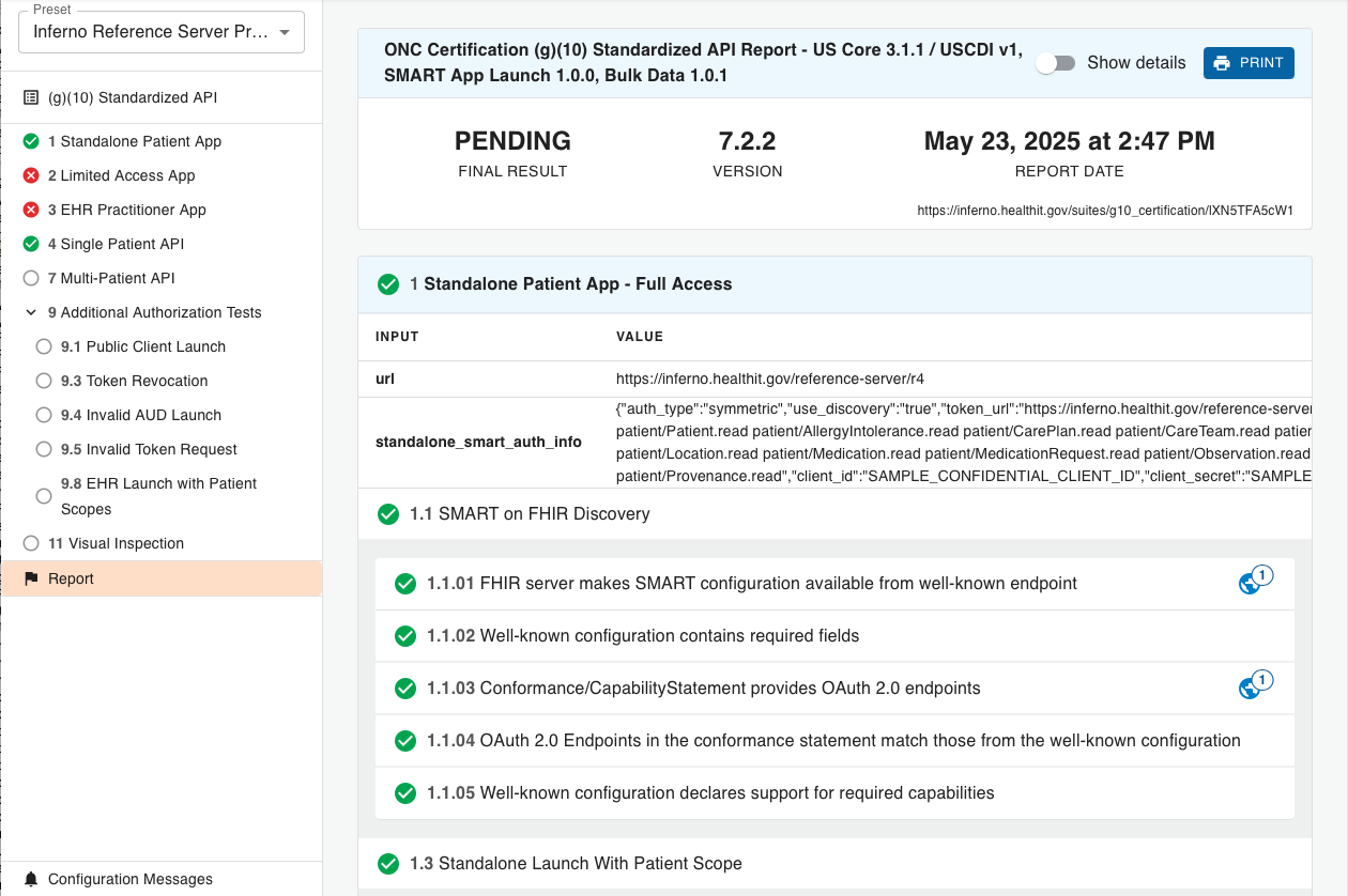 Screenshot of test report view