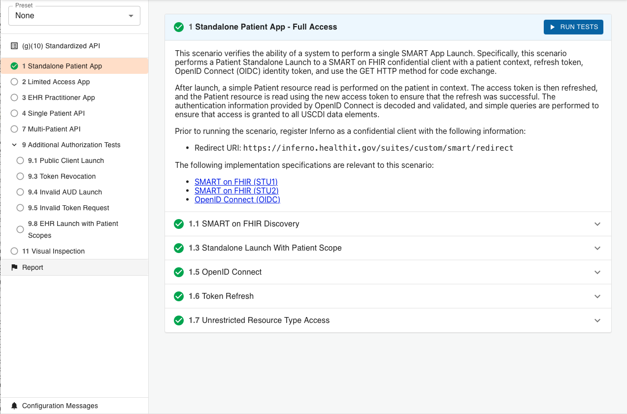 Test details shown with status icon