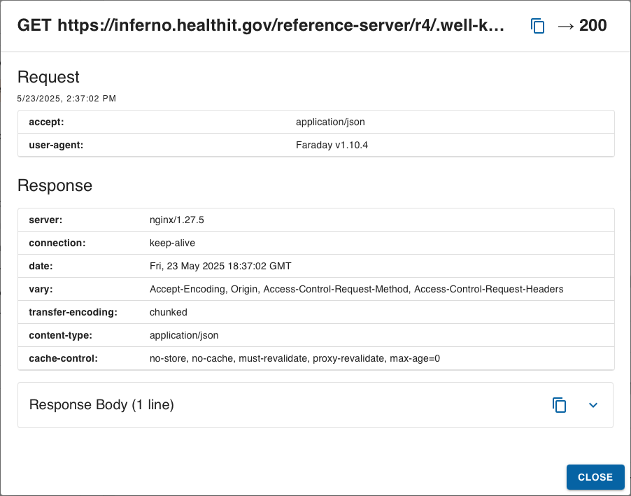 Screenshot of test request detail dialog