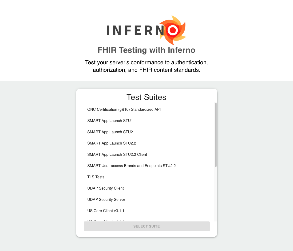 Inferno Core Test Suite selection dialog