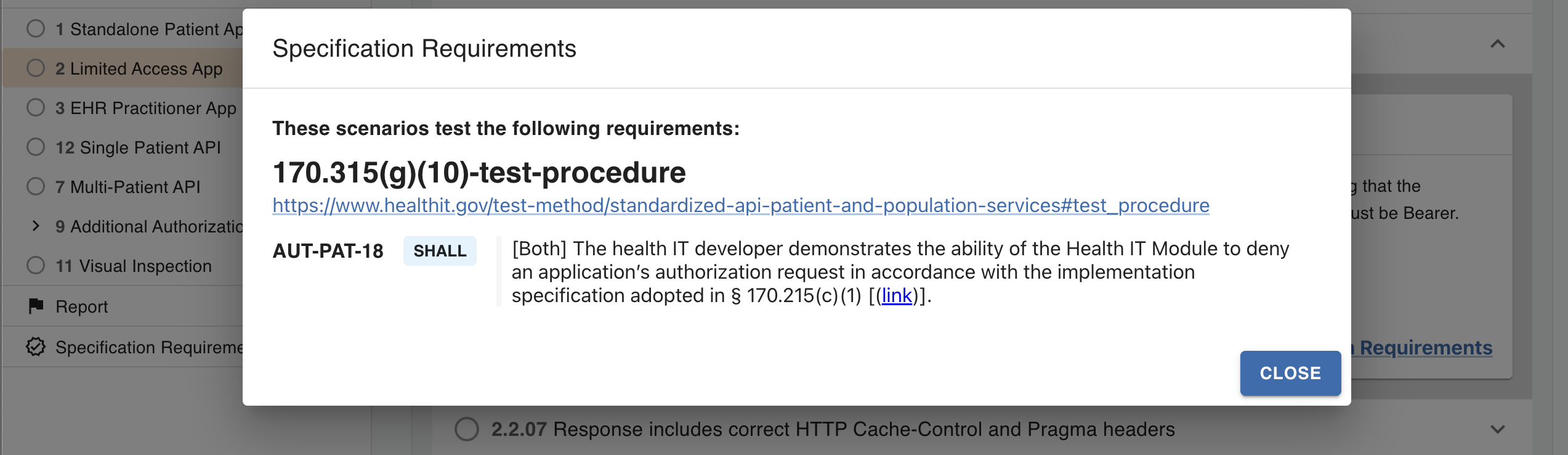 Screenshot of tested requirements dialog