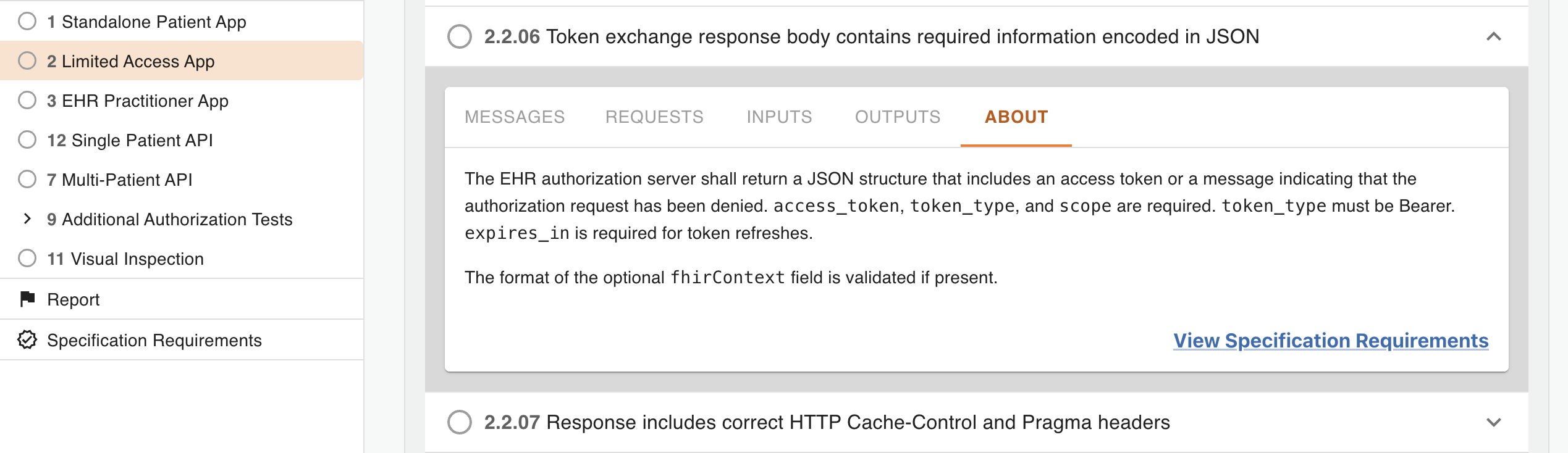 Screenshot of a View Specification Requirements link
